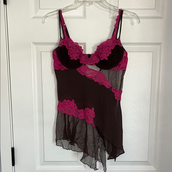 Victoria's Secret Other - Victoria’s Secret Asymmetric Brown & Pink Lace Short Nightie